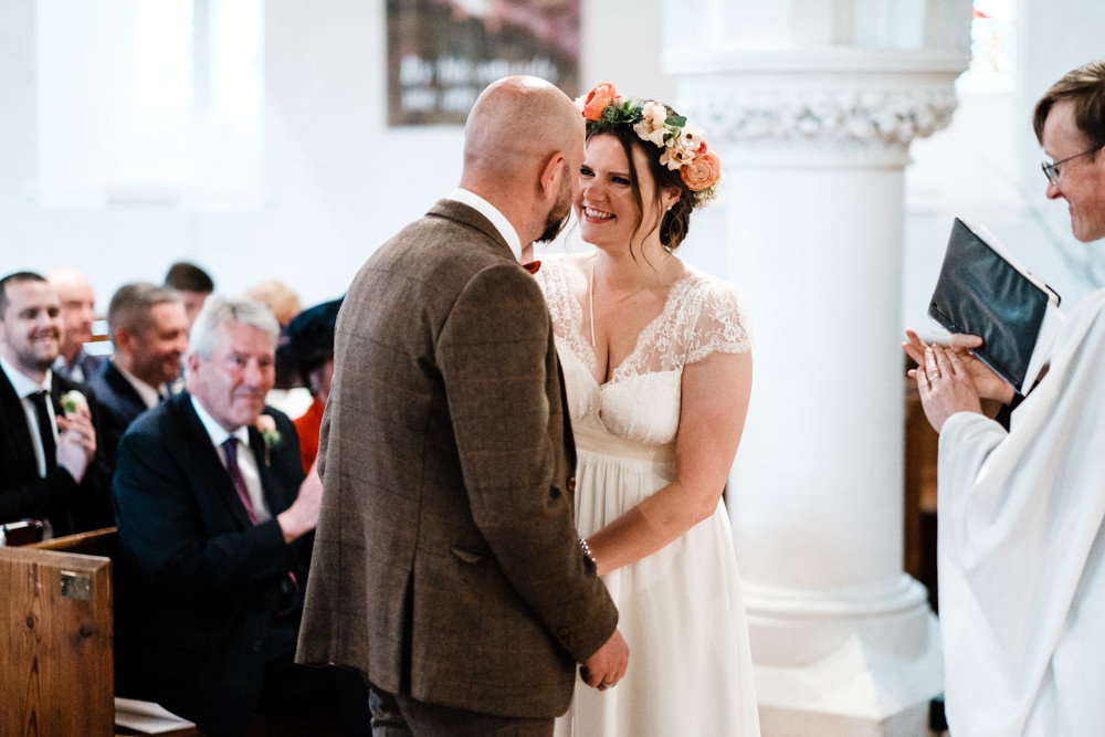 Bride Bridal Gown Dress Laure de Sazagan Lace Cap Sleeve V Neck Tweed Groom Flower Crown Cantley House Hotel Wedding Ross Hurley Photography