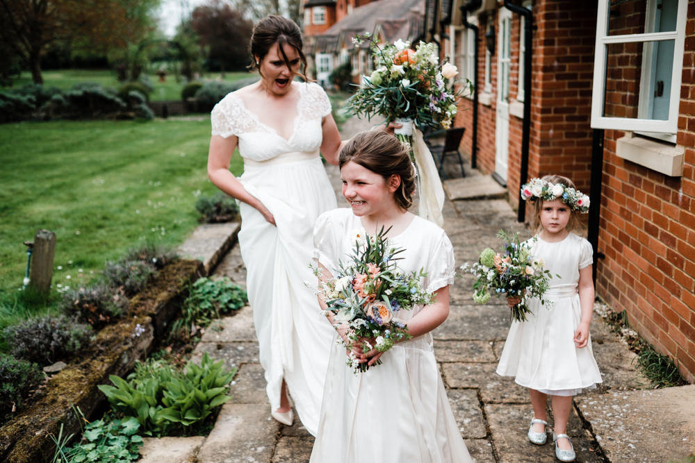 Bride Bridal Gown Dress Laure de Sazagan Lace Cap Sleeve V Neck Bouquet Flower Girls Crown Cantley House Hotel Wedding Ross Hurley Photography