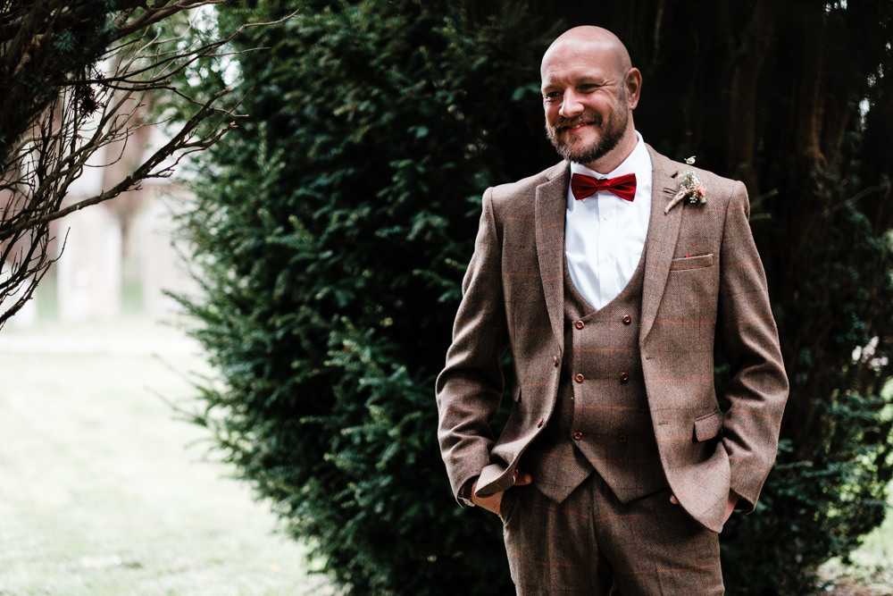 Tweed Groom Three Piece Waistcoat Bow Tie Cantley House Hotel Wedding Ross Hurley Photography