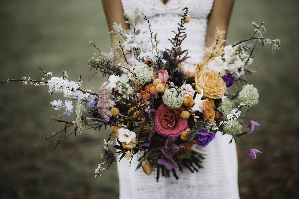 Bouquet Flowers Bride Bridal Rose Craspedia Thistle Hellebore Astilbe Colourful Boho Festival Wedding Ideas Ella Violet Photography
