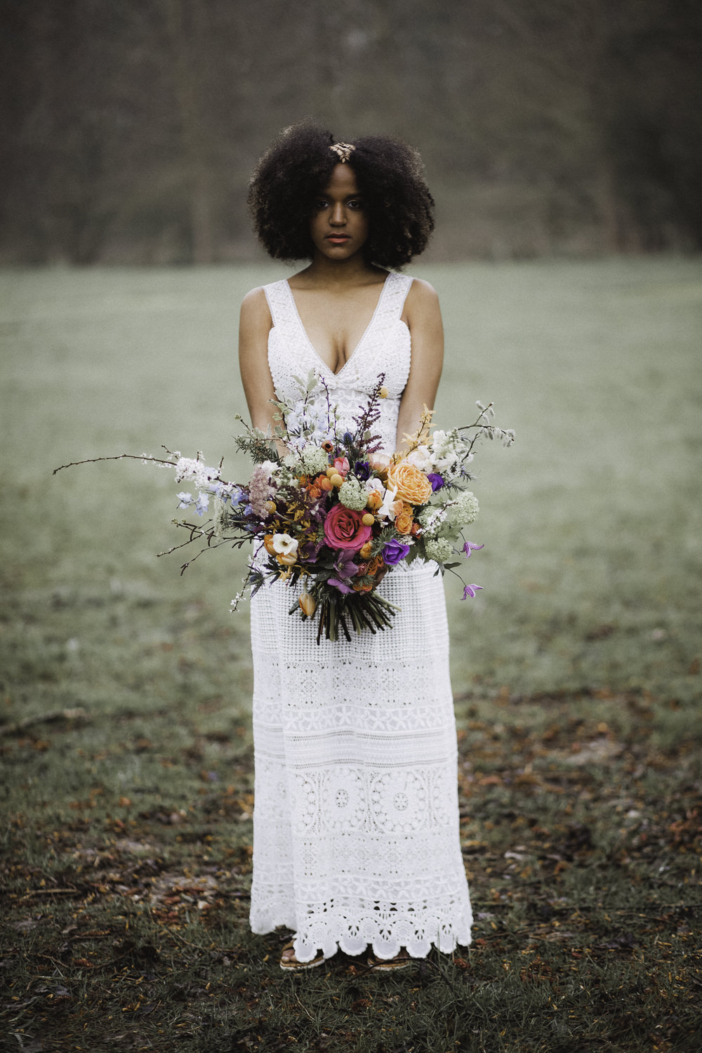 Bride Bridal Crochet Dress Gown Bouquet Flowers Bride Bridal Rose Craspedia Thistle Hellebore Astilbe Colourful Boho Festival Wedding Ideas Ella Violet Photography