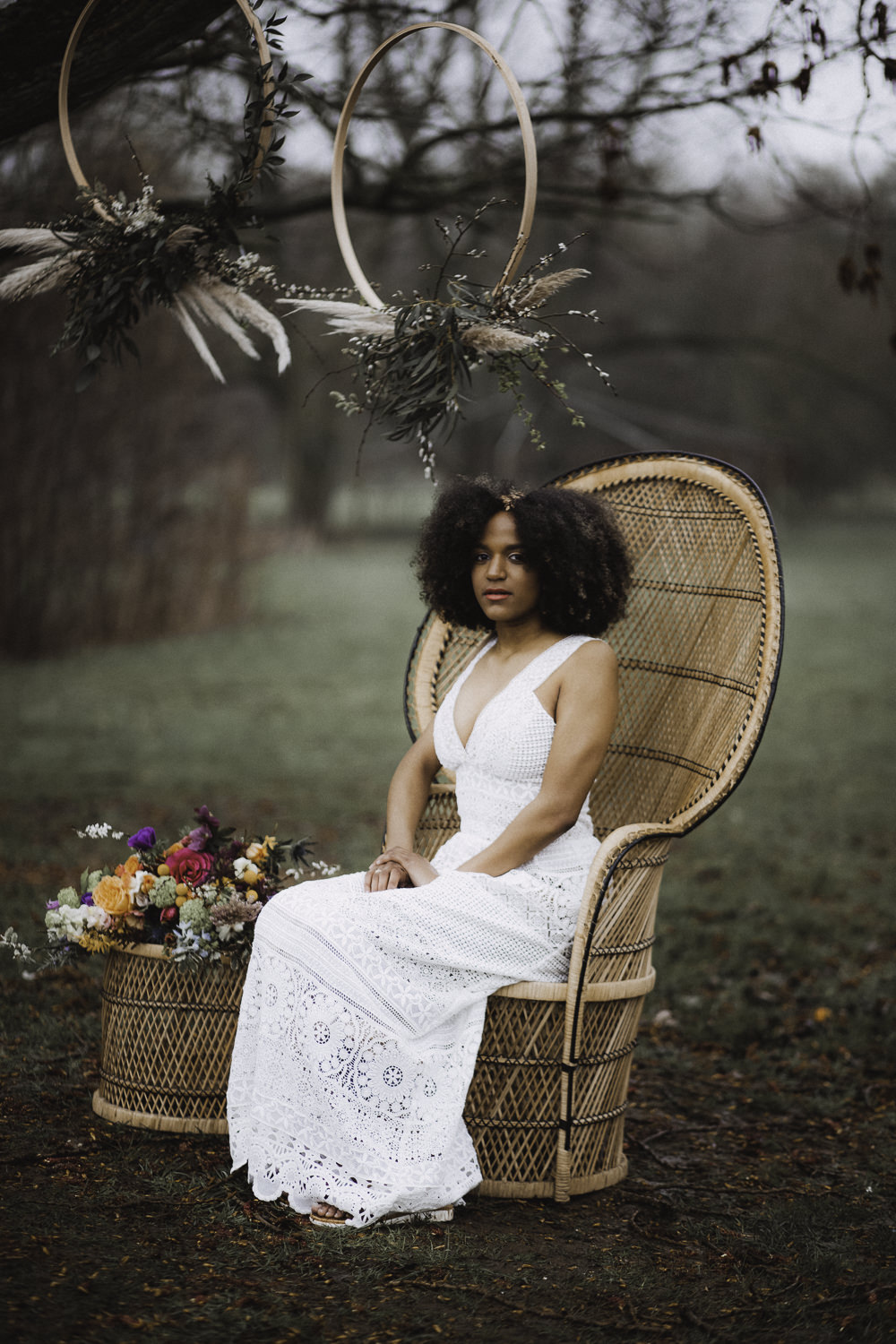 Peacock Chair Flowers Bride Bridal Crochet Dress Gown Colourful Boho Festival Wedding Ideas Ella Violet Photography