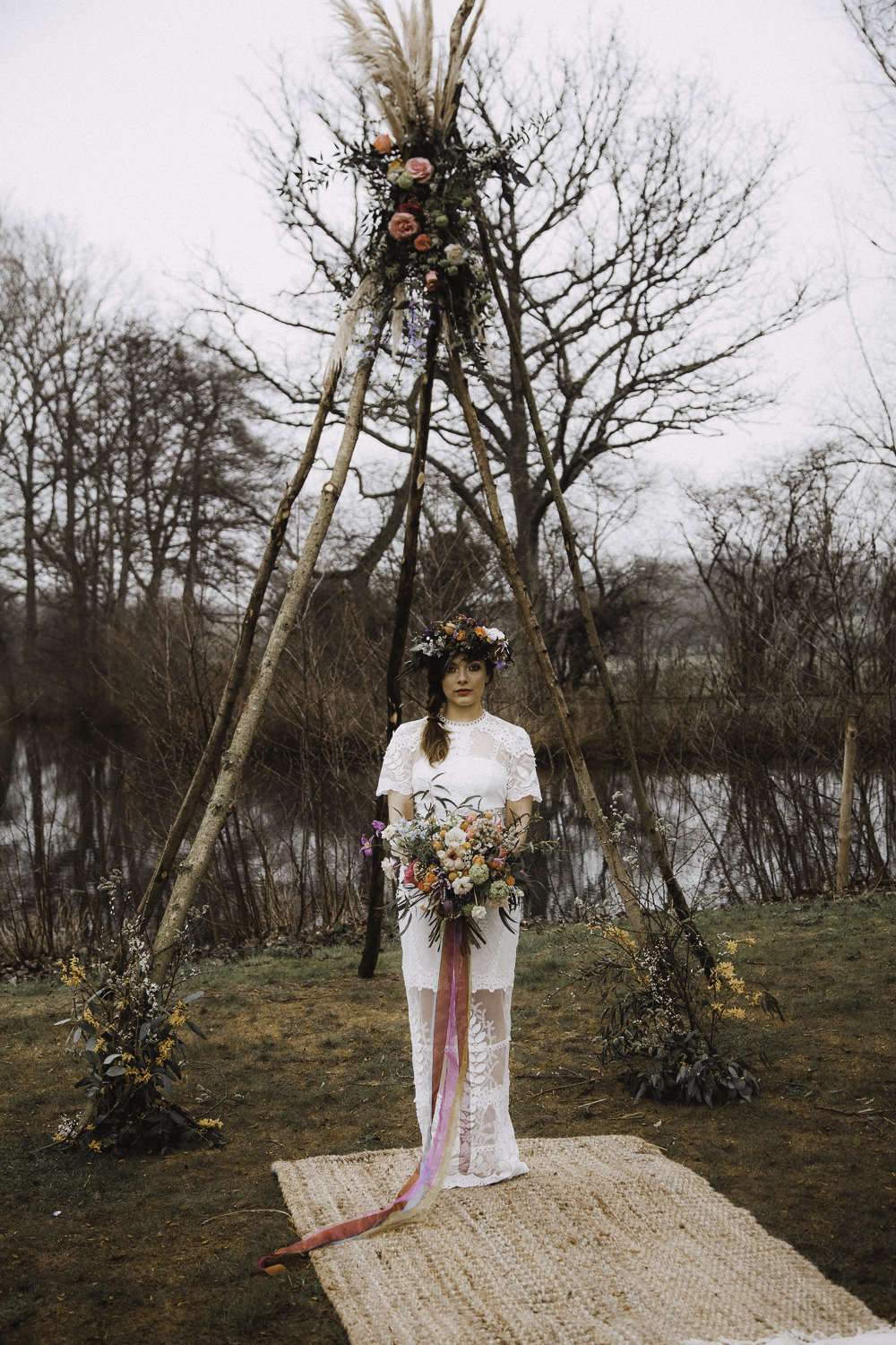 Bride Bridal Dress Sleeves Sheer Gown Pampas Grass Colourful Boho Festival Wedding Ideas Ella Violet Photography