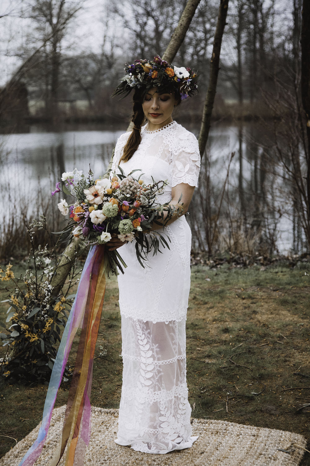 Bouquet Flowers Bride Bridal Rose Craspedia Thistle Hellebore Astilbe Ribbons Colourful Boho Festival Wedding Ideas Ella Violet Photography