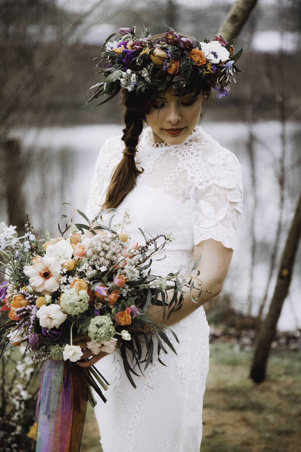 Bouquet Flowers Bride Bridal Rose Craspedia Thistle Hellebore Astilbe Crown Colourful Boho Festival Wedding Ideas Ella Violet Photography