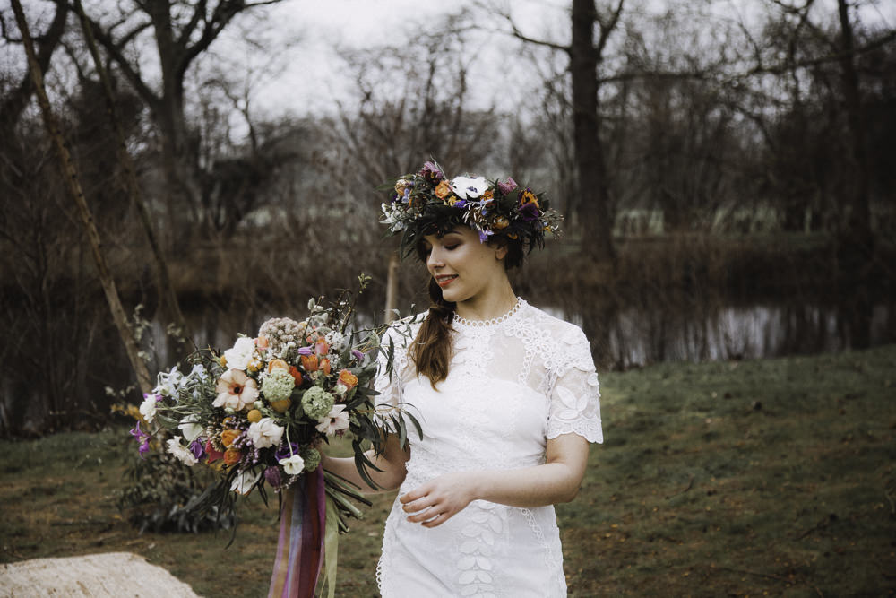 Bouquet Flowers Bride Bridal Rose Craspedia Thistle Hellebore Astilbe Colourful Boho Festival Wedding Ideas Ella Violet Photography