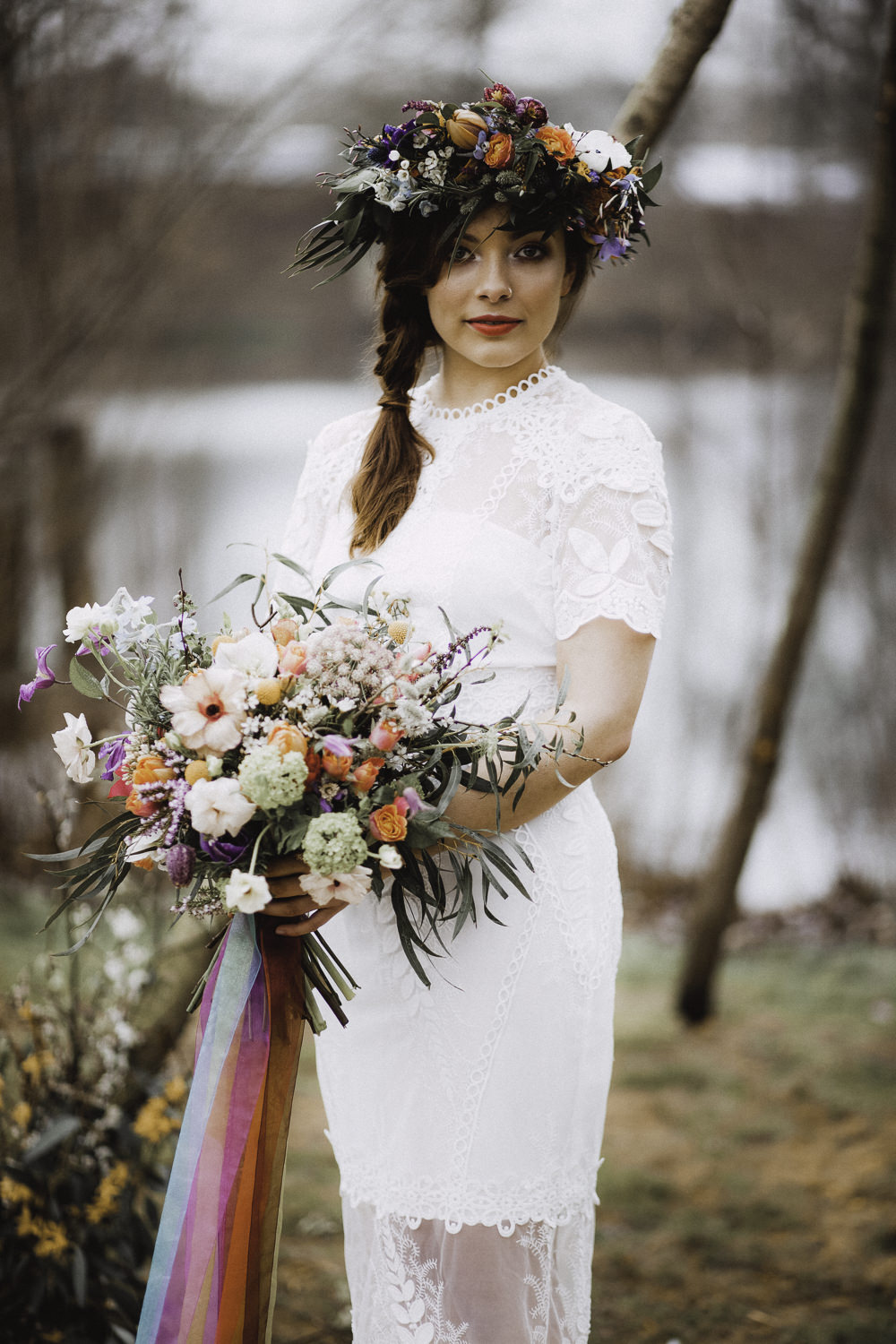 Bouquet Flowers Bride Bridal Rose Craspedia Thistle Hellebore Astilbe Ribbons Colourful Boho Festival Wedding Ideas Ella Violet Photography