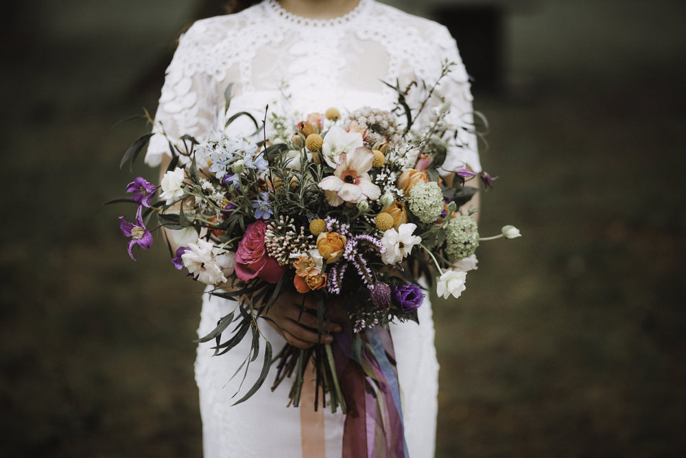 Bouquet Flowers Bride Bridal Rose Craspedia Thistle Hellebore Astilbe Colourful Boho Festival Wedding Ideas Ella Violet Photography