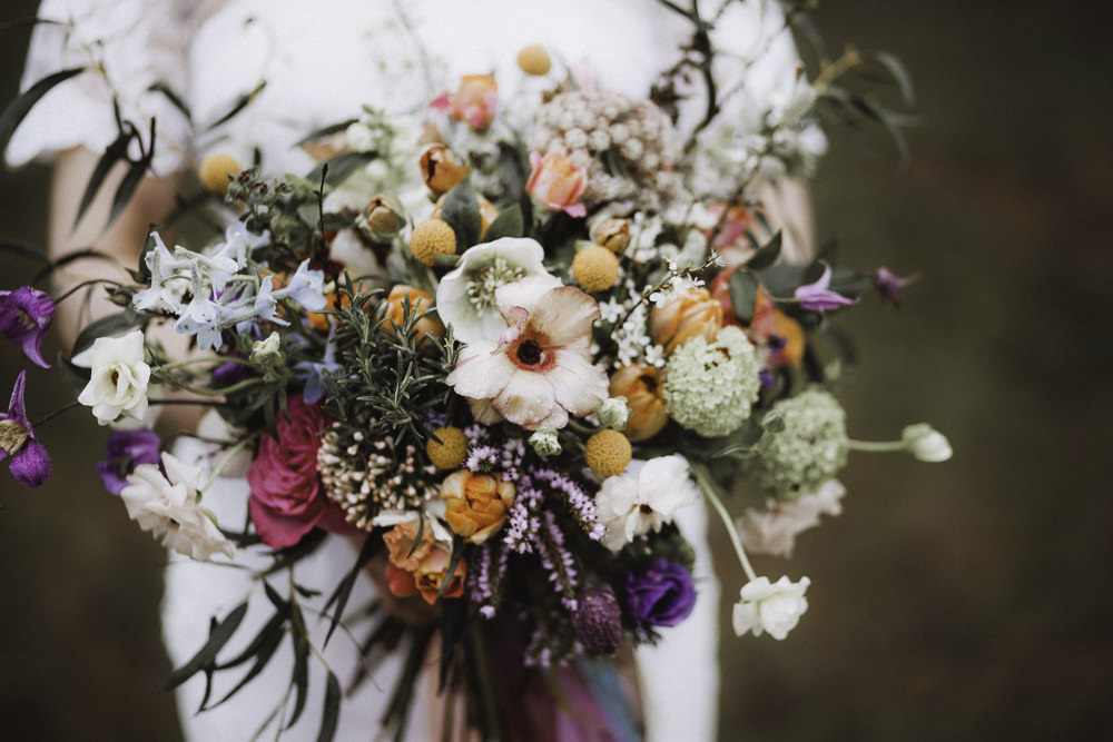 Bouquet Flowers Bride Bridal Rose Craspedia Thistle Hellebore Astilbe Colourful Boho Festival Wedding Ideas Ella Violet Photography