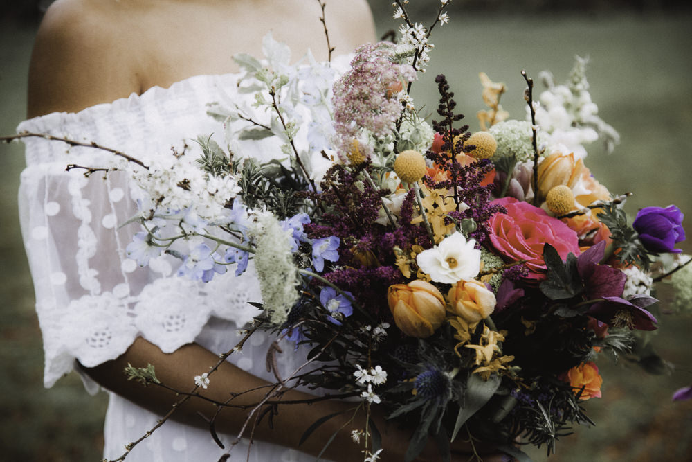 Bouquet Flowers Bride Bridal Rose Craspedia Thistle Hellebore Astilbe Tulip Colourful Boho Festival Wedding Ideas Ella Violet Photography