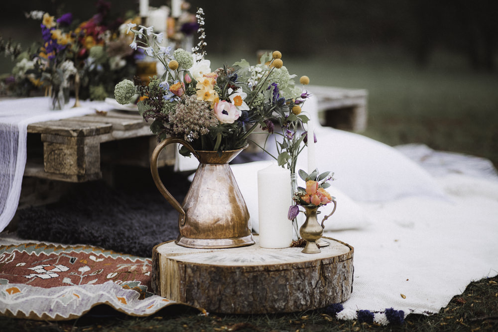Copper Jug Flowers Log Slice Colourful Boho Festival Wedding Ideas Ella Violet Photography
