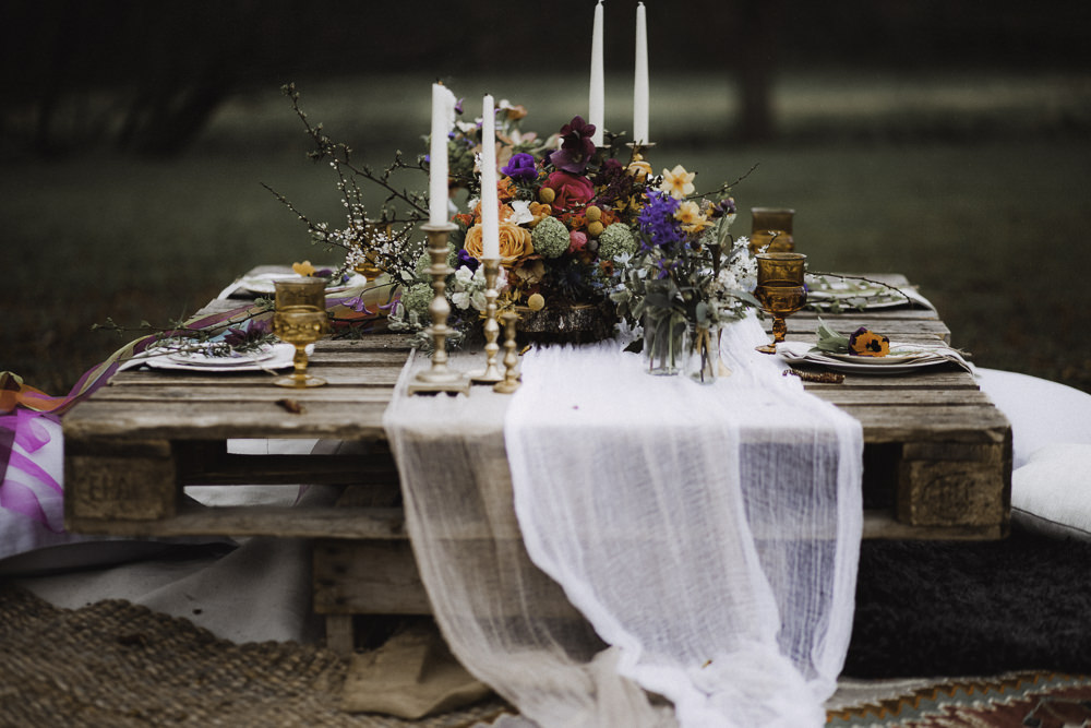Wooden Pallet Table Rugs Flowers Decor Tablescape Candles Runners Colourful Boho Festival Wedding Ideas Ella Violet Photography