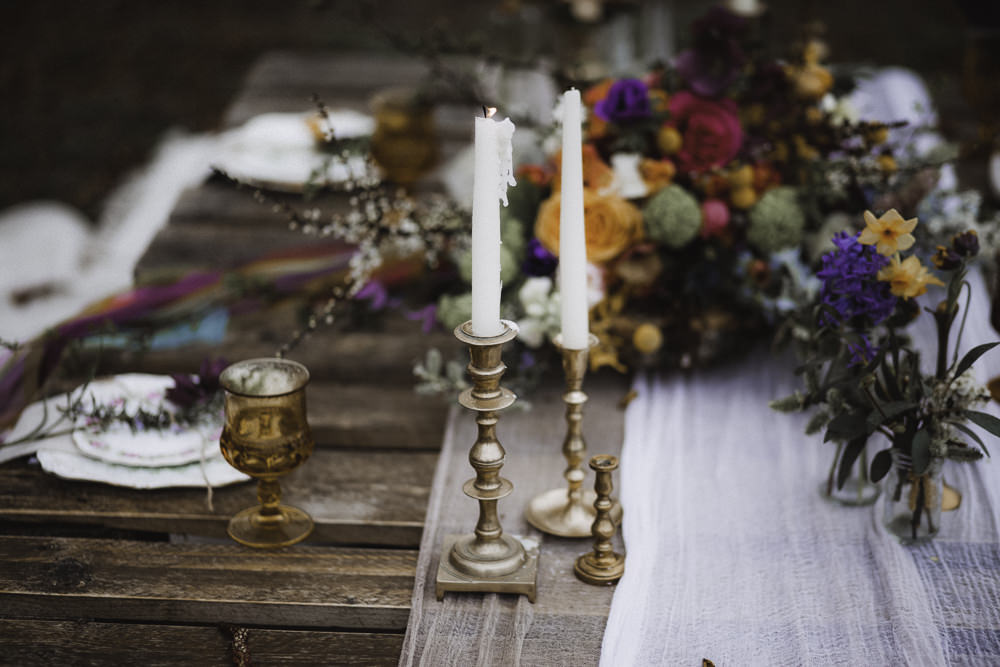 Wooden Pallet Table Rugs Flowers Decor Tablescape Candles Colourful Boho Festival Wedding Ideas Ella Violet Photography