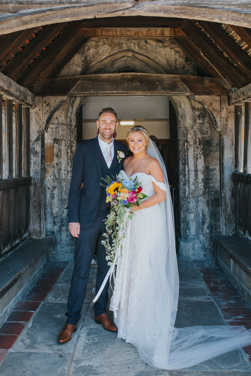Off Shoulder Lace Dress Gown Bardot Veil Wtoo Bride Bridal Colourful Bright Summer Pub Wedding Charlotte Razzell Photography
