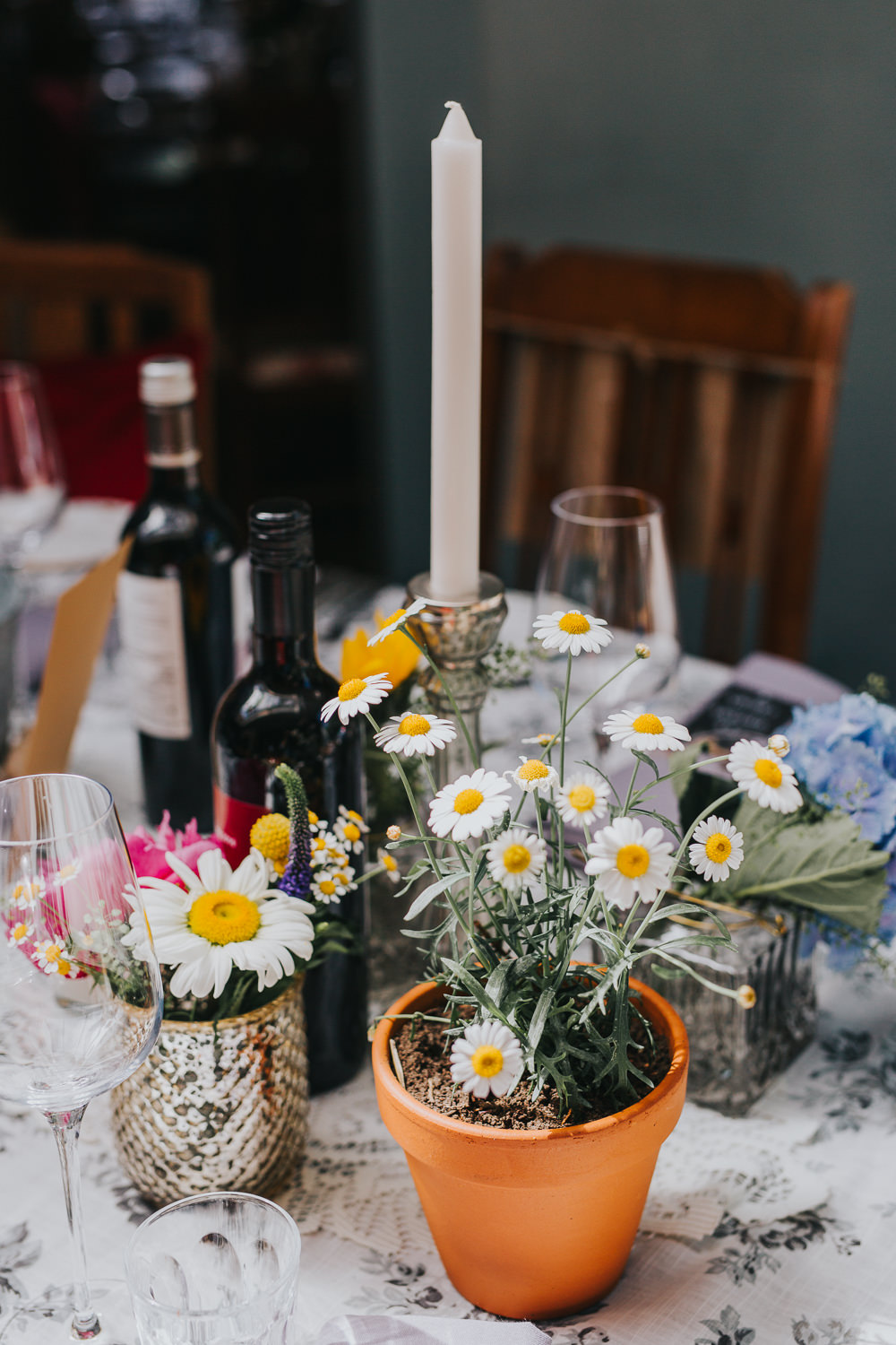 Bottle Jar Flowers Daisy Pot Table Decor Colourful Bright Summer Pub Wedding Charlotte Razzell Photography