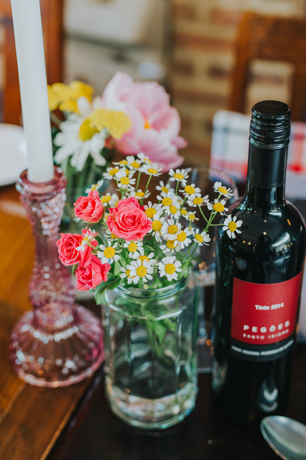 Bottle Jar Flowers Daisy Rose Table Decor Colourful Bright Summer Pub Wedding Charlotte Razzell Photography