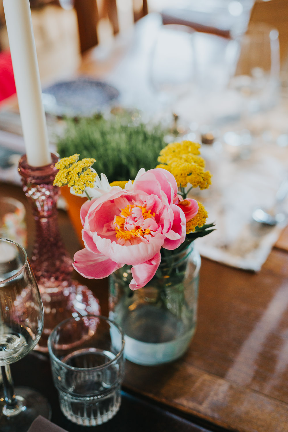 Bottle Jar Flowers Peony Table Decor Colourful Bright Summer Pub Wedding Charlotte Razzell Photography