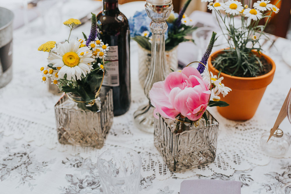 Bottle Jar Flowers Daisy Peony Lace Cloth Table Decor Colourful Bright Summer Pub Wedding Charlotte Razzell Photography