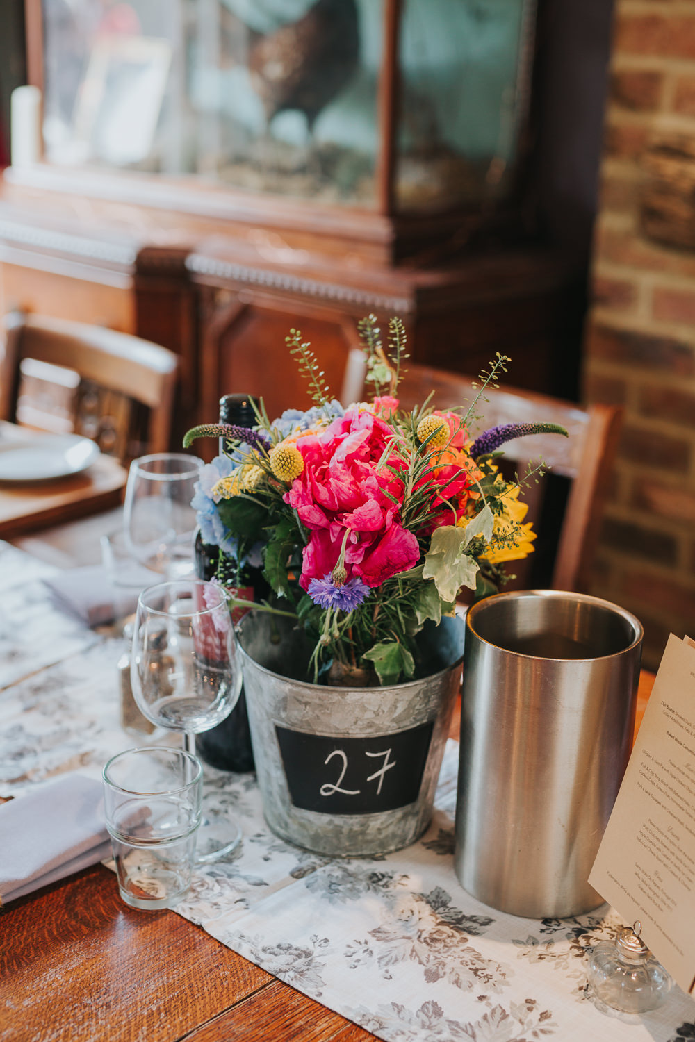 Bottle Jar Flowers Bucket Name Table Decor Colourful Bright Summer Pub Wedding Charlotte Razzell Photography