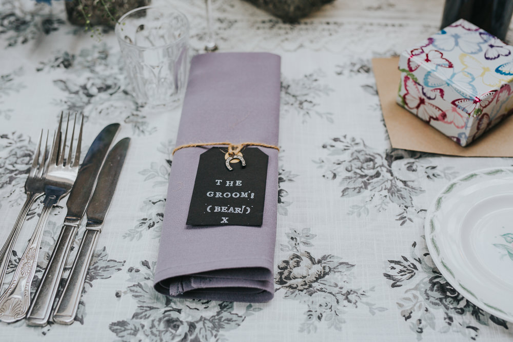Napkin Twine Lilac Luggage Tag Colourful Bright Summer Pub Wedding Charlotte Razzell Photography