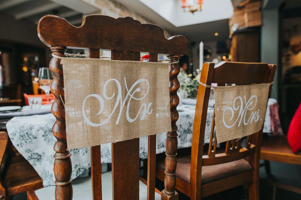 Hessian Burlap Mr Mrs Chair Banner Sign Colourful Bright Summer Pub Wedding Charlotte Razzell Photography