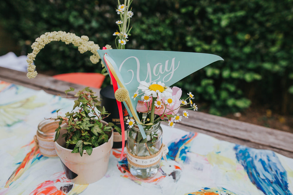 Bottle Jar Flowers Yay Flag Table Decor Colourful Bright Summer Pub Wedding Charlotte Razzell Photography