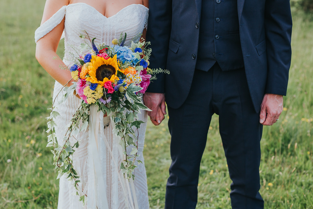 Bouquet Flowers Bride Bridal Peony Hydrangea Sunflower Daisy Cornflowers Craspedia Colourful Bright Summer Pub Wedding Charlotte Razzell Photography