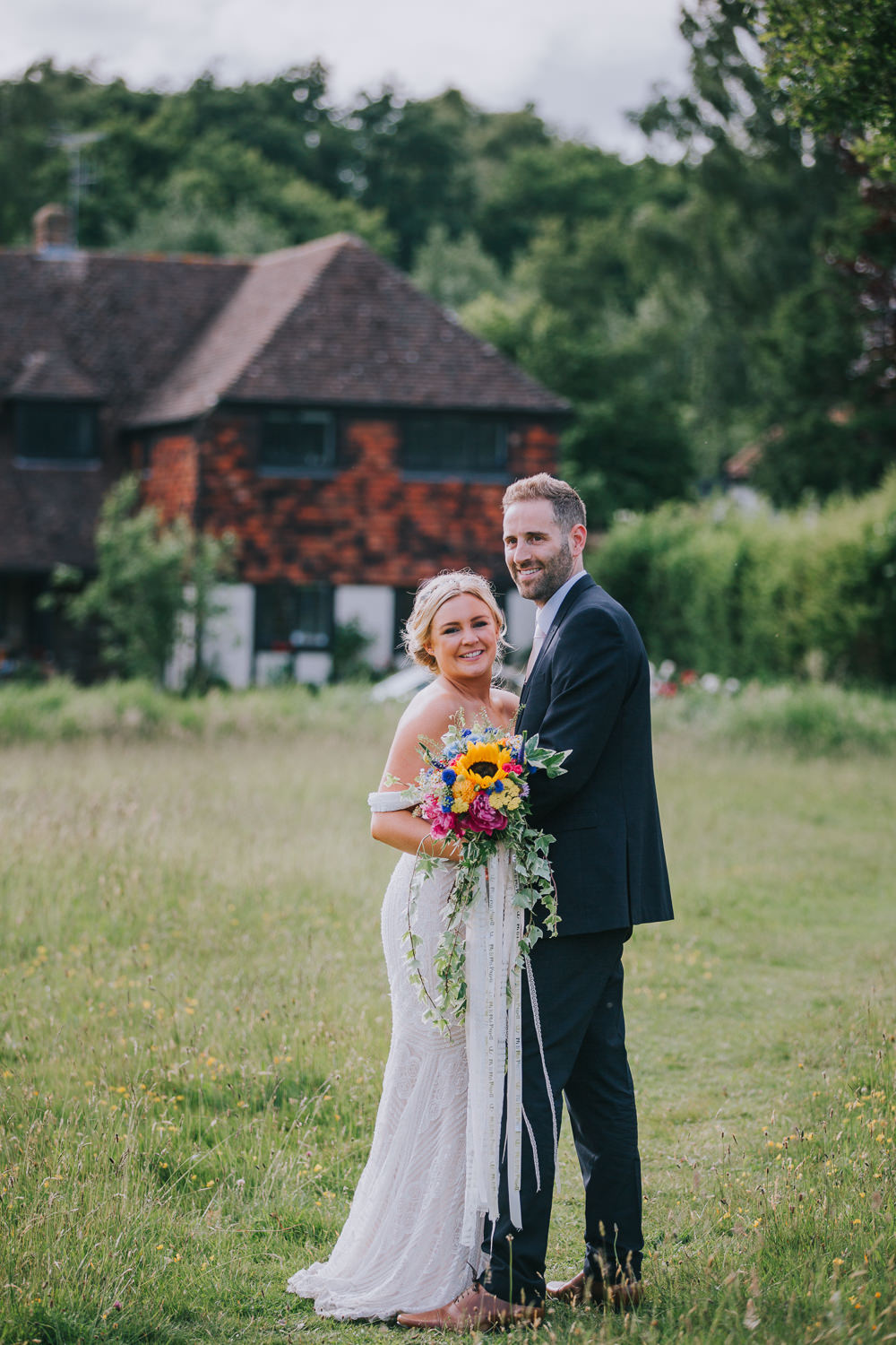Off Shoulder Lace Dress Gown Bardot Veil Wtoo Bride Bridal Colourful Bright Summer Pub Wedding Charlotte Razzell Photography