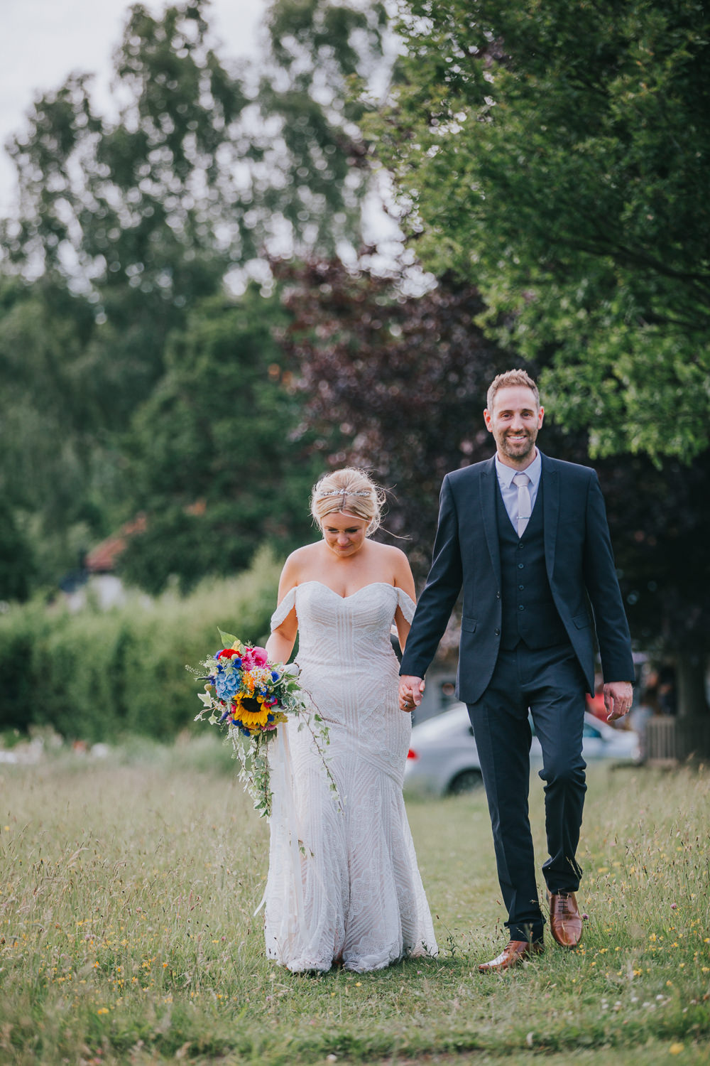 Off Shoulder Lace Dress Gown Bardot Veil Wtoo Bride Bridal Colourful Bright Summer Pub Wedding Charlotte Razzell Photography