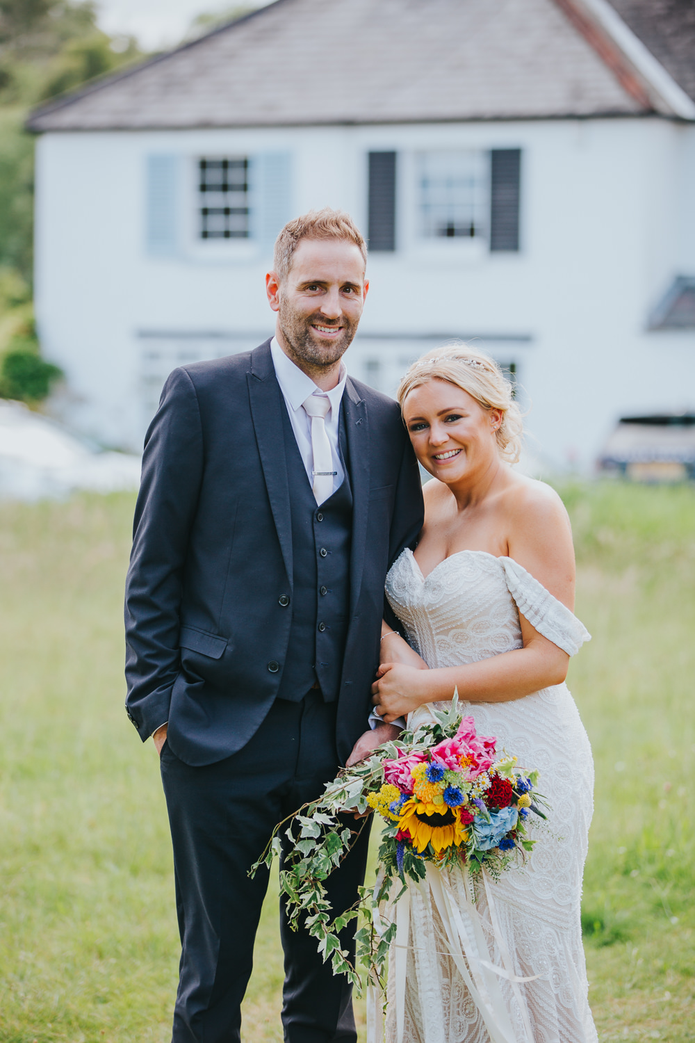 Groom Navy Suit White Tie Colourful Bright Summer Pub Wedding Charlotte Razzell Photography