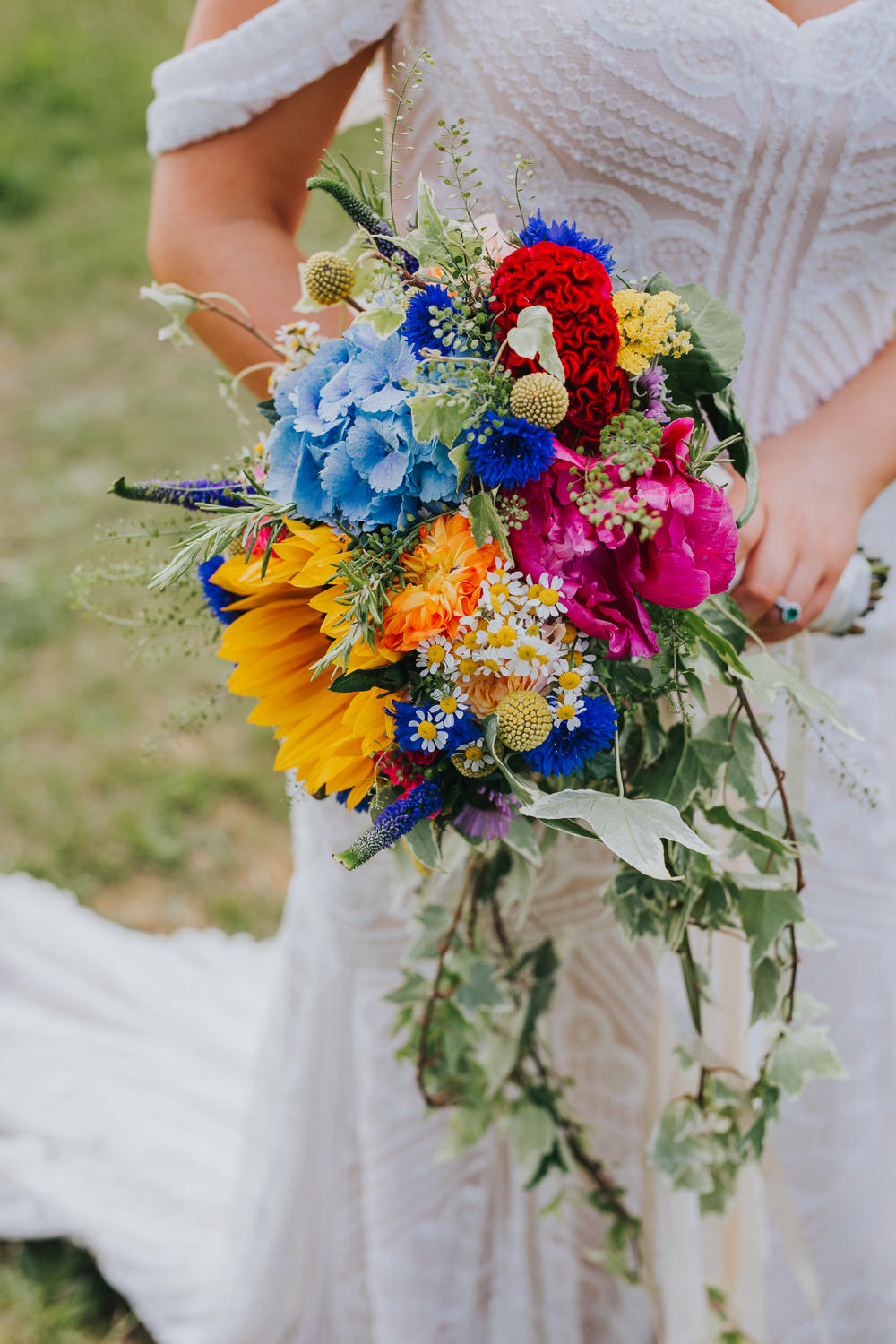 Bouquet Flowers Bride Bridal Peony Hydrangea Sunflower Daisy Cornflowers Craspedia Colourful Bright Summer Pub Wedding Charlotte Razzell Photography
