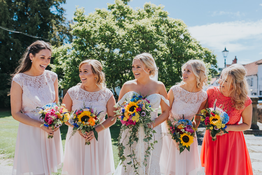 Bouquet Flowers Bride Bridal Peony Hydrangea Sunflower Daisy Cornflowers Craspedia Bridesmaids Colourful Bright Summer Pub Wedding Charlotte Razzell Photography