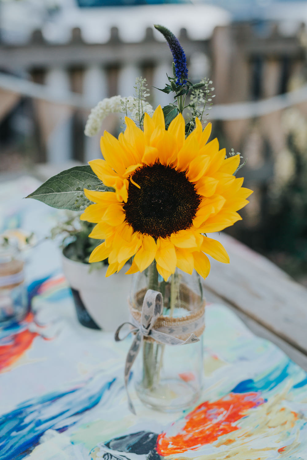 Bottle Jar Flowers Sunflower Table Decor Colourful Bright Summer Pub Wedding Charlotte Razzell Photography