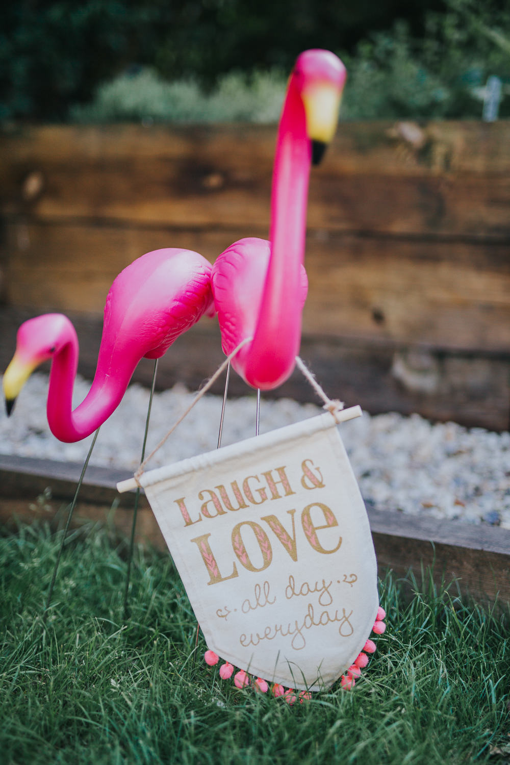 Flamingos Banner Sign Pom Pom Colourful Bright Summer Pub Wedding Charlotte Razzell Photography