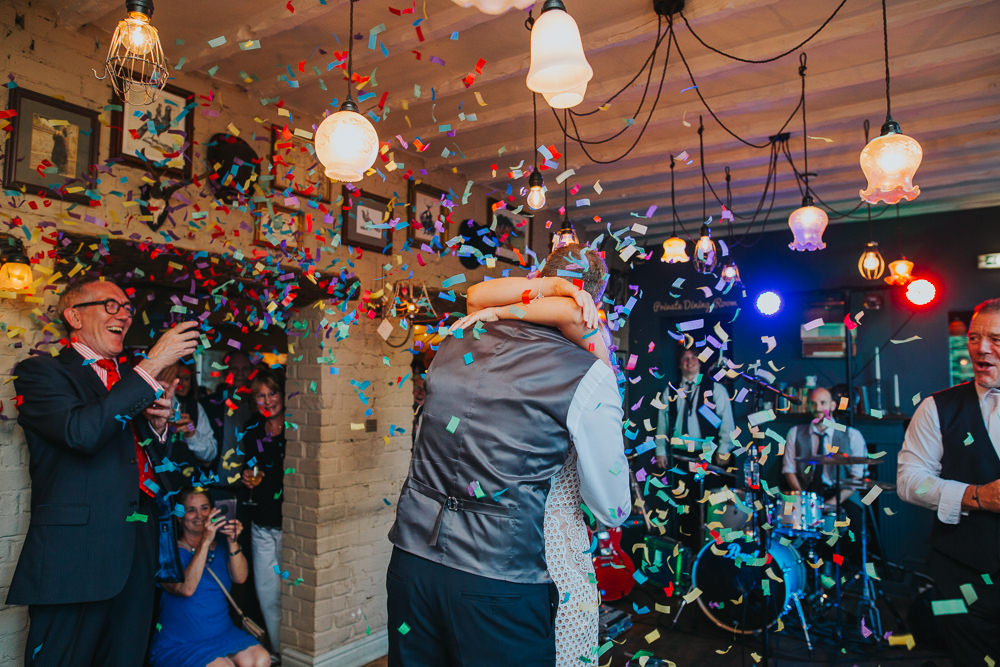 Confetti First Dance Cannon Colourful Bright Summer Pub Wedding Charlotte Razzell Photography