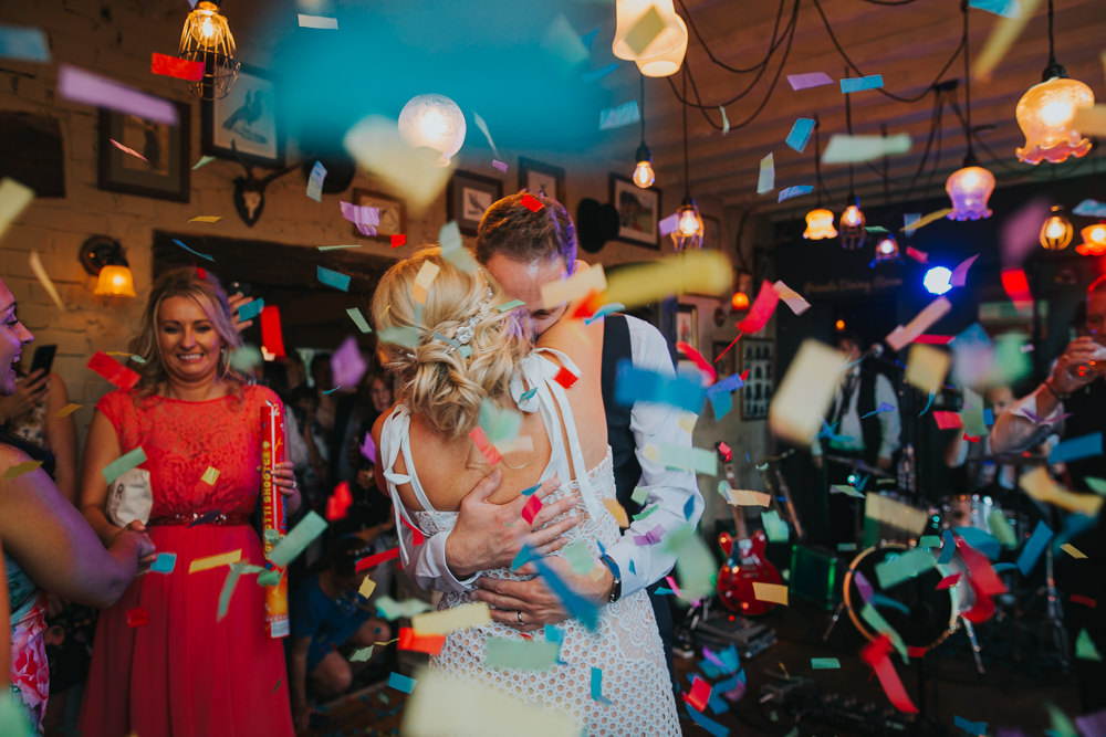 Confetti First Dance Cannon Colourful Bright Summer Pub Wedding Charlotte Razzell Photography