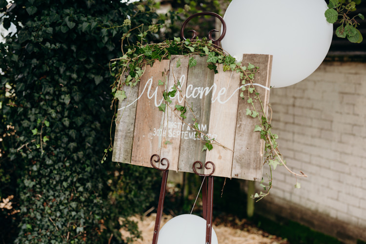 Rustic Wooden Sign Welcome Calligraphy Balloons Creative Hertfordshire Barn Boho DIY Wedding Beard and Mane Photography