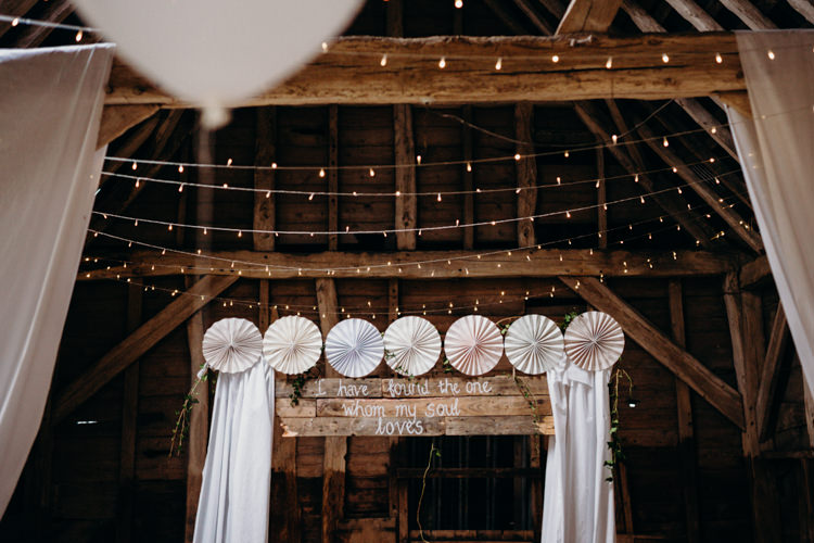 Decor Reception Venue Fairy Lights Pinwheel Backdrop Ceremony Creative Hertfordshire Barn Boho DIY Wedding Beard and Mane Photography