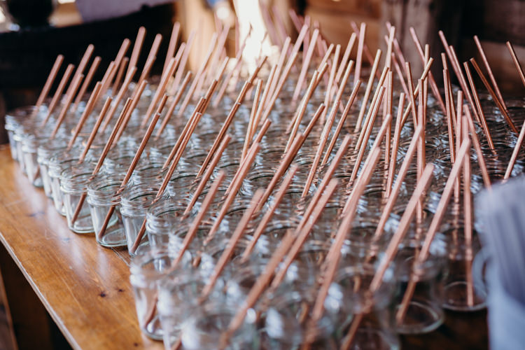 Jar Drinks Copper Rose Gold Straws Creative Hertfordshire Barn Boho DIY Wedding Beard and Mane Photography