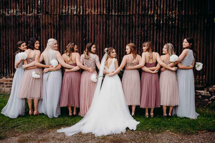 Mismatched Pastel Bridesmaid Dresses Hydrangea Flowers Bouquet Creative Hertfordshire Barn Boho DIY Wedding Beard and Mane Photography