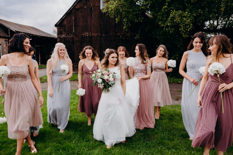 Mismatched Pastel Bridesmaid Dresses Hydrangea Flowers Bouquet Creative Hertfordshire Barn Boho DIY Wedding Beard and Mane Photography