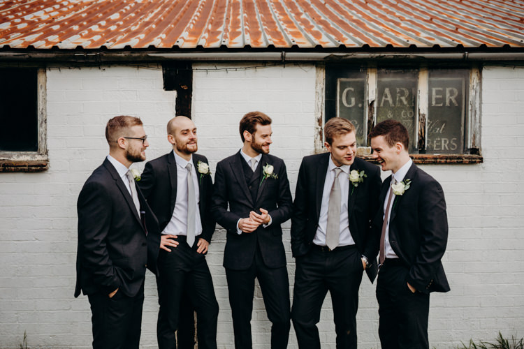 Groom Groomsmen Suits Black Grey Ties Creative Hertfordshire Barn Boho DIY Wedding Beard and Mane Photography