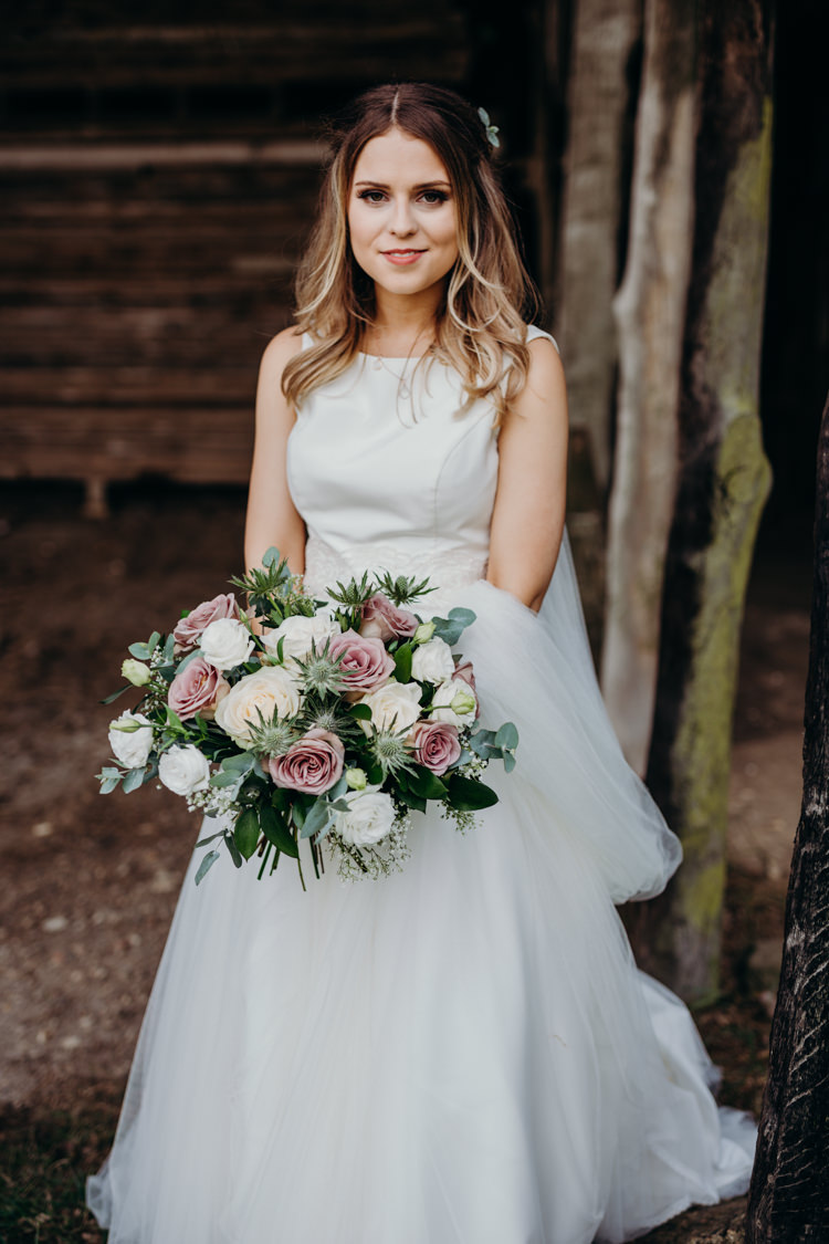 Bride Bridal Dress Gown Seperates Skirt Top Rose Bouquet Thistle Creative Hertfordshire Barn Boho DIY Wedding Beard and Mane Photography