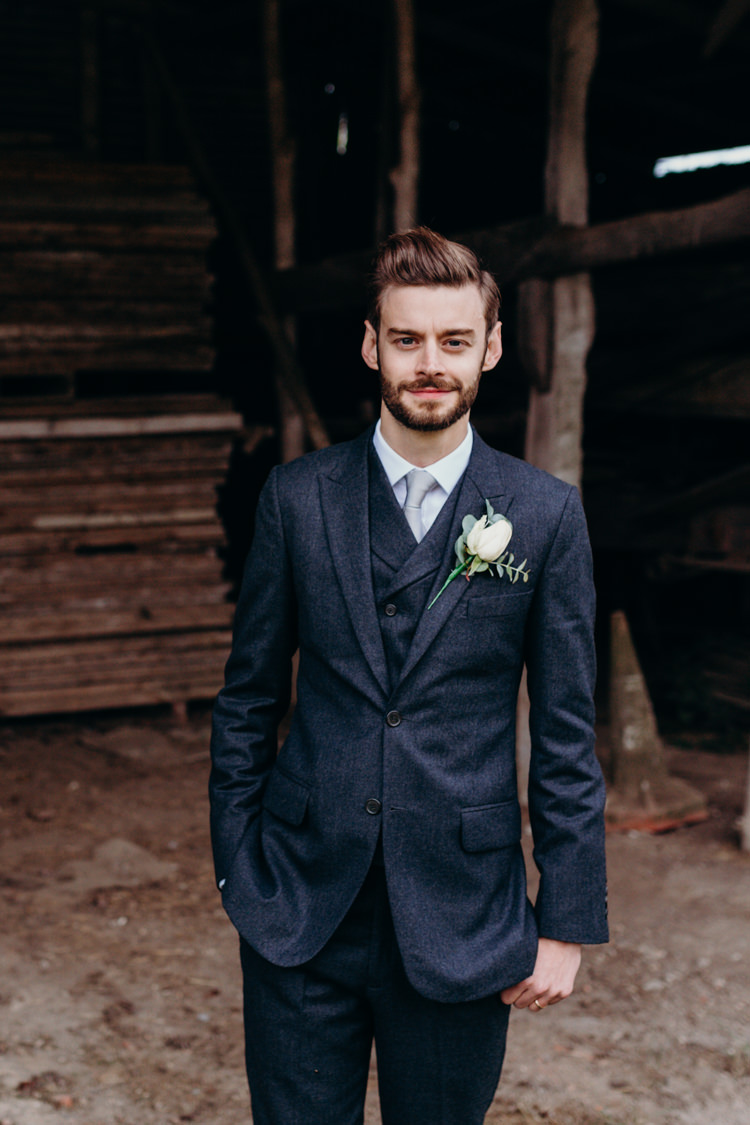 Groom Black Blue Suit Grey Tie Waistcoat Creative Hertfordshire Barn Boho DIY Wedding Beard and Mane Photography