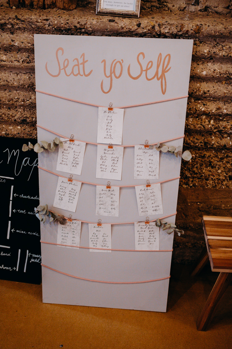 Seating Plan Table Chart Rose Gold Copper Grey Clip Creative Hertfordshire Barn Boho DIY Wedding Beard and Mane Photography