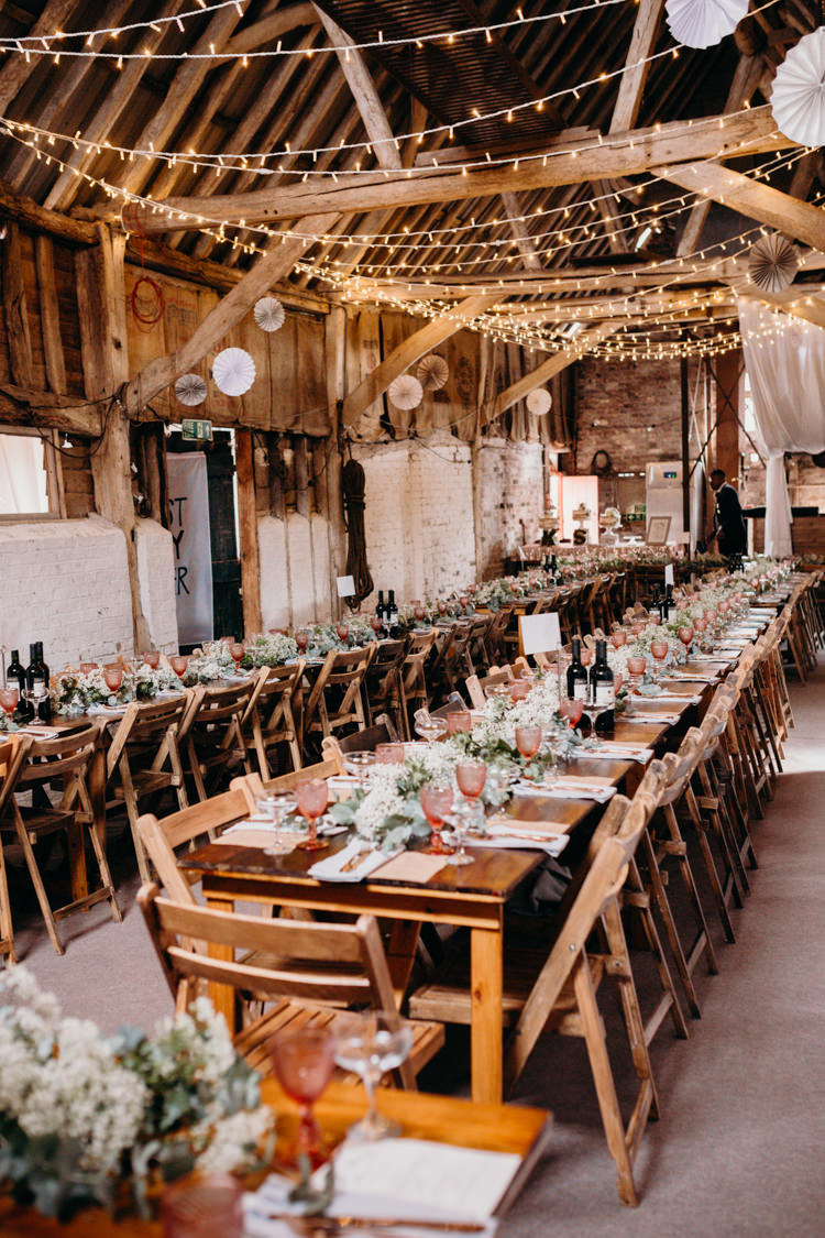 Fairy Lights Long Wooden Tables Decor Pinwheels Creative Hertfordshire Barn Boho DIY Wedding Beard and Mane Photography
