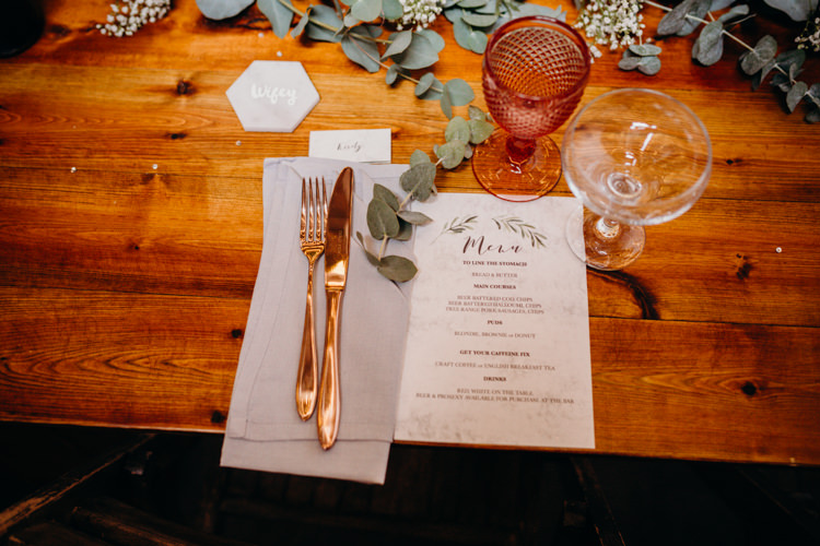 Eucalyptus Copper Marble Decor Place Setting Creative Hertfordshire Barn Boho DIY Wedding Beard and Mane Photography