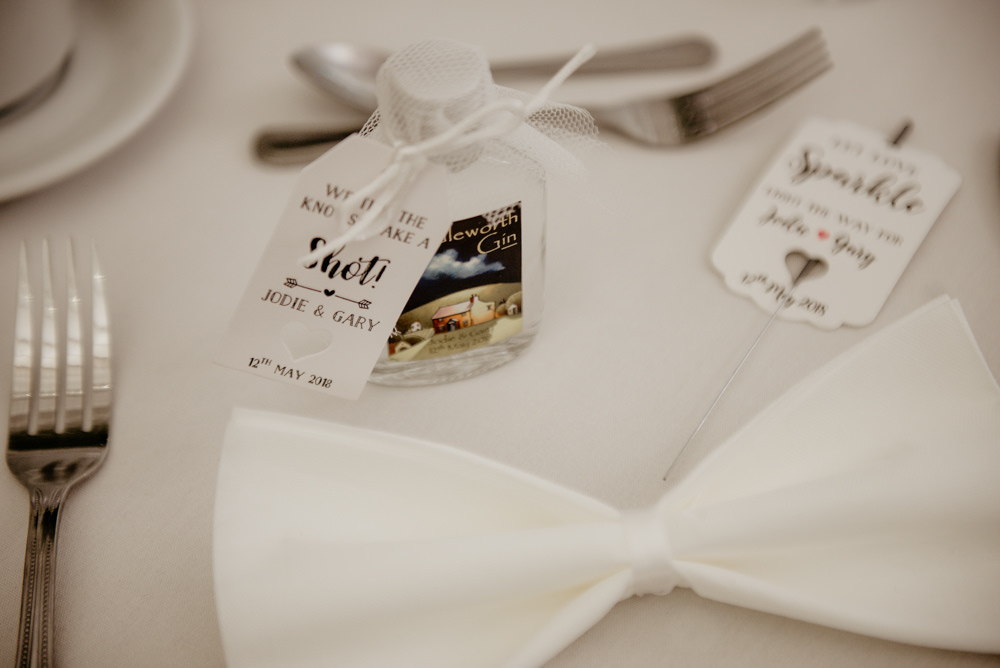 Gin Favours Bottles Drink Bow Tie Napkin Crow Hill Wedding Tim Simpson Photography