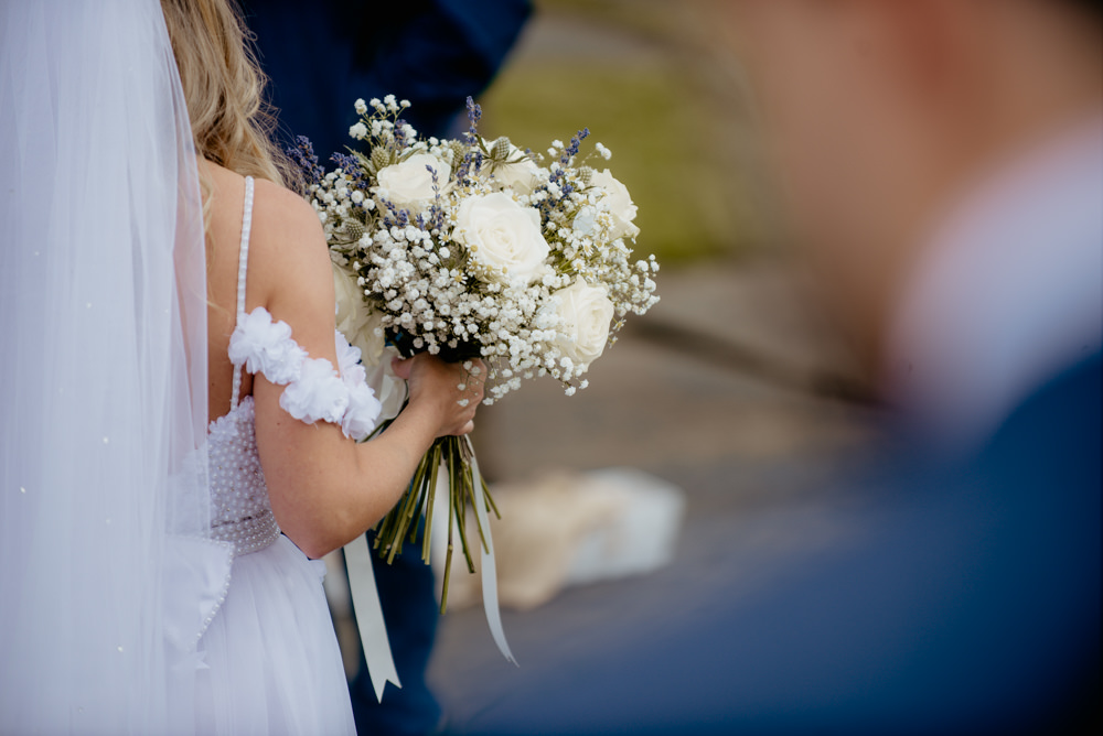 Bouquet Bride Bridal White Rose Gypsophila Lavender Ribbon Flowers Crow Hill Wedding Tim Simpson Photography