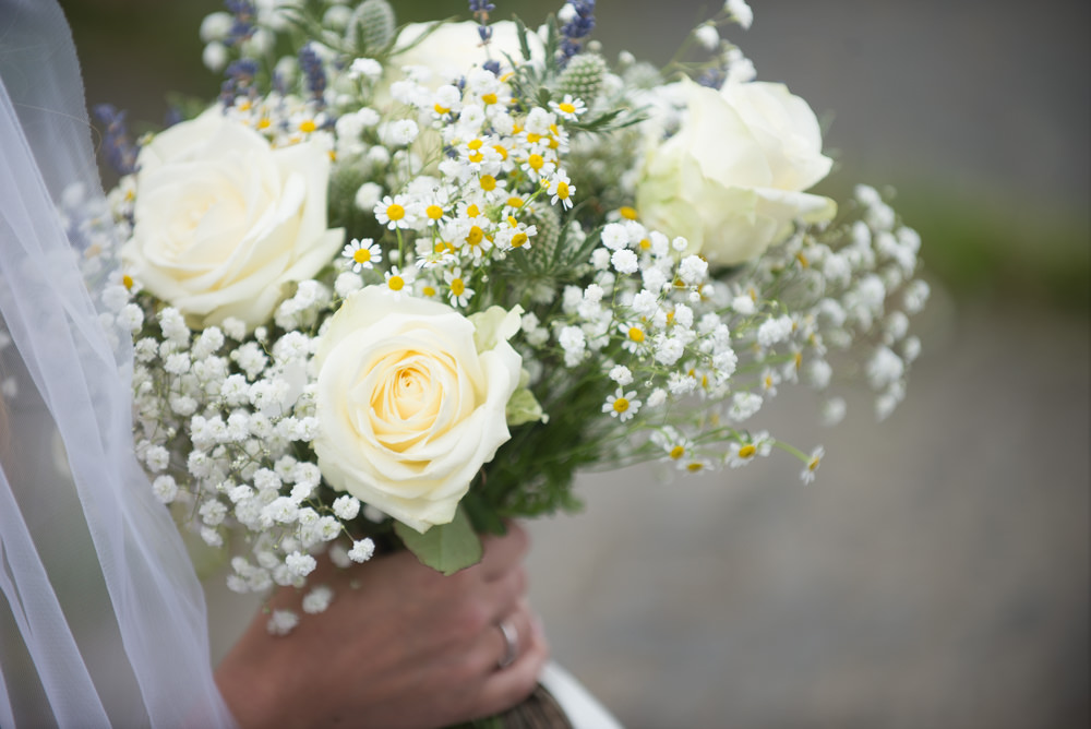 Bouquet Bride Bridal White Rose Gypsophila Lavender Ribbon Flowers Daisy Thistle Crow Hill Wedding Tim Simpson Photography
